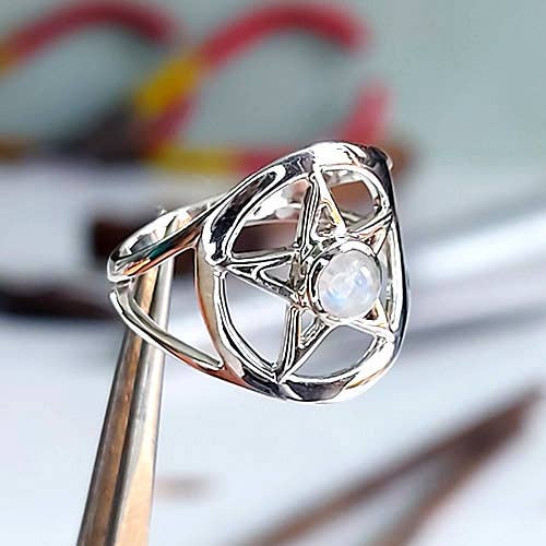 As Above So Below  Rainbow Moonstone Silver Ring - Size 7 Crystal Earth Sterling