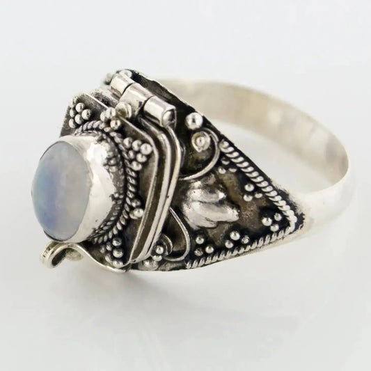 Silver Medieval Poison Ring with Rainbow Moonstone - Size 10 My Store